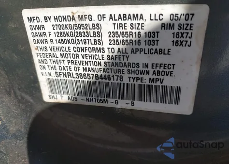 2007 Honda Odyssey Ex-L from USA, damaged, VIN 5FNRL38657B446178